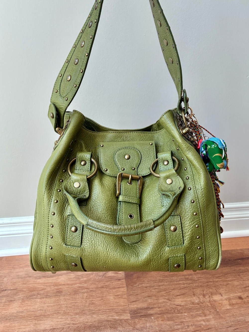 Betsey Johnson Vintage Y2K Green Leather Studded Buckle Satchel Purse, Cheetah